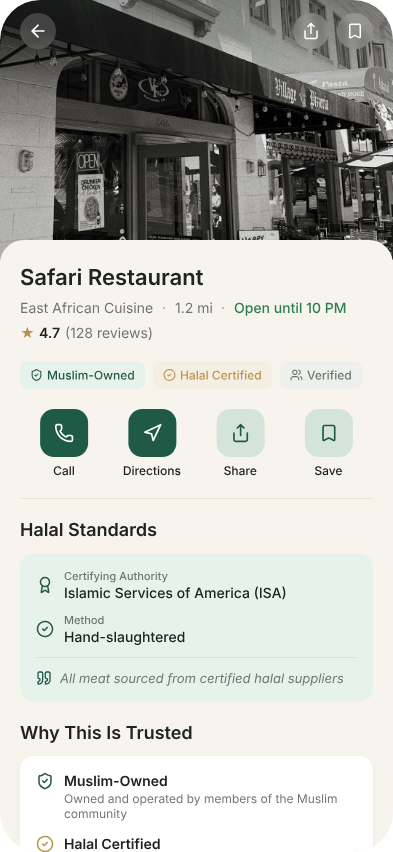 Business detail screen with verification badges