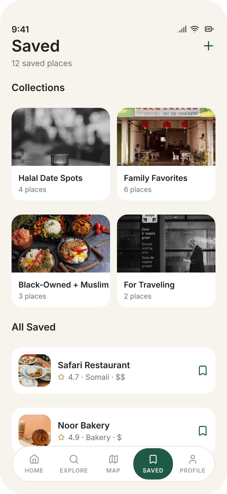 Saved screen with personal collections of bookmarked businesses